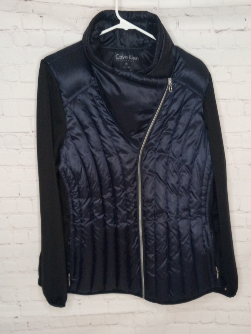 Calvin Klein Navy Quilted Puffer Jacket with Black Sleeves